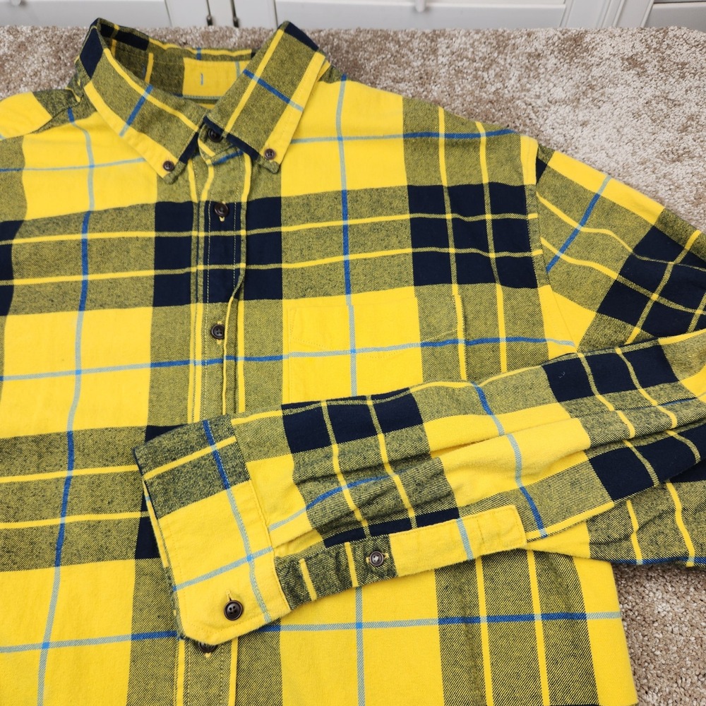 Banana Republic Mens XL Organic Cotton Yellow Navy Plaid Untucked Flannel Shirt